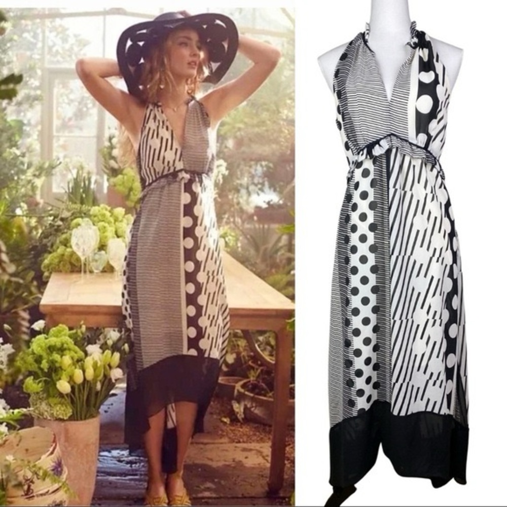Maeve by Anthropologie Channeled Dot Dress XS Sz 0 Sleeveless Halter Hi-Low Hem
